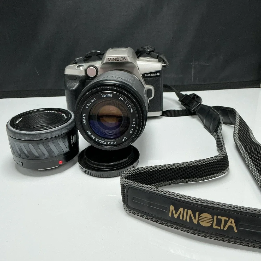 Minolta Maxxum 4 35mm Film Camera Lot w/ Minolta 50mm & Vivitar Lenses Untested